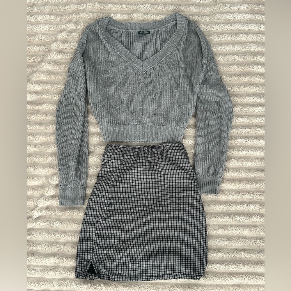 Gray V-Neck Sweater and Checkered Skirt Set